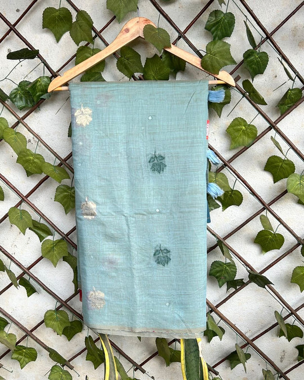 Steel Blue  Colour Muga Cotton Saree with Contrast Blouse