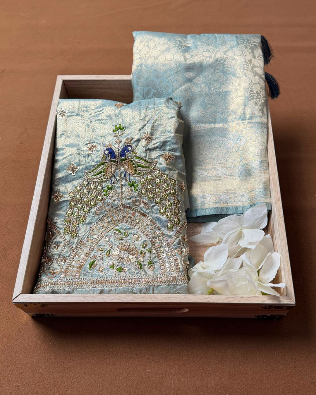 Light sky Blue Colour Aari Work Blouse Tissue Silk Saree