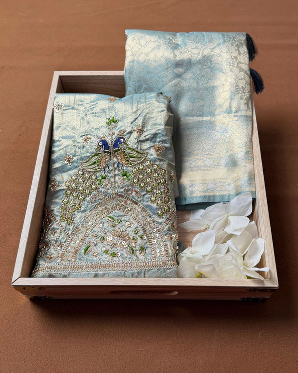 Light sky Blue Colour Aari Work Blouse Tissue Silk Saree