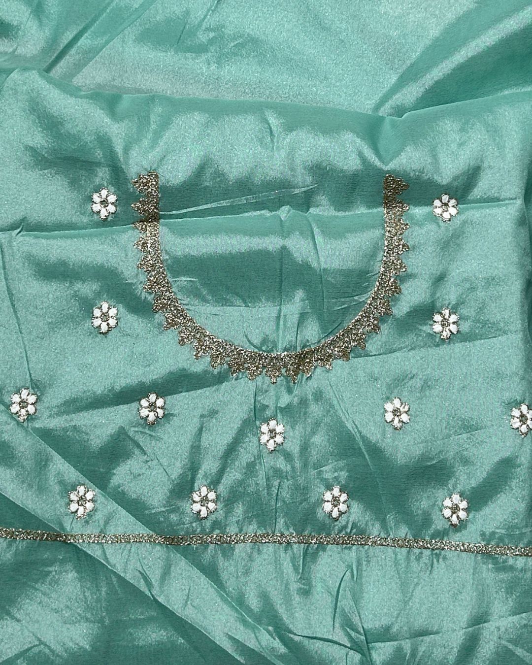 Mint Green Colour Shimmer Saree with Heavy Floral Embroidery Border