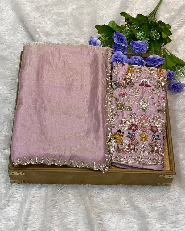 Lavender Colour Fandy Saree With Heavy work Blouse Piece