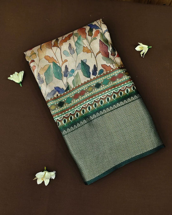 Green Colour Tussar Silk Printed Saree