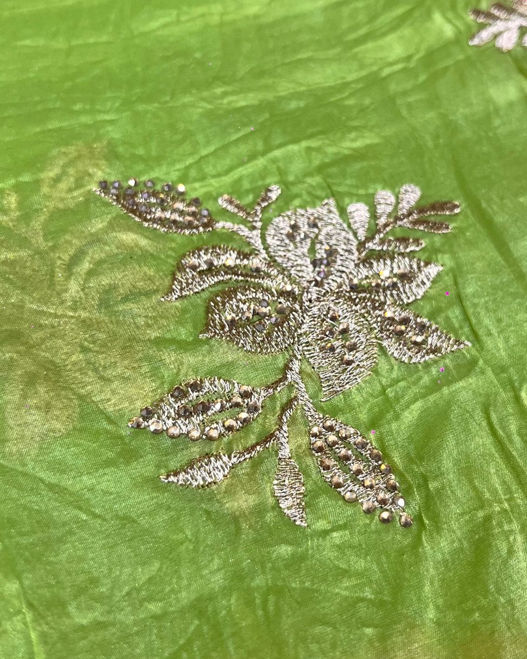 Lime Green Colour Crunchy Silk Thread Work Saree