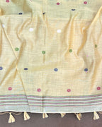 Cream Beige Gold Colour Lotus Flower Thred work Cotton Saree