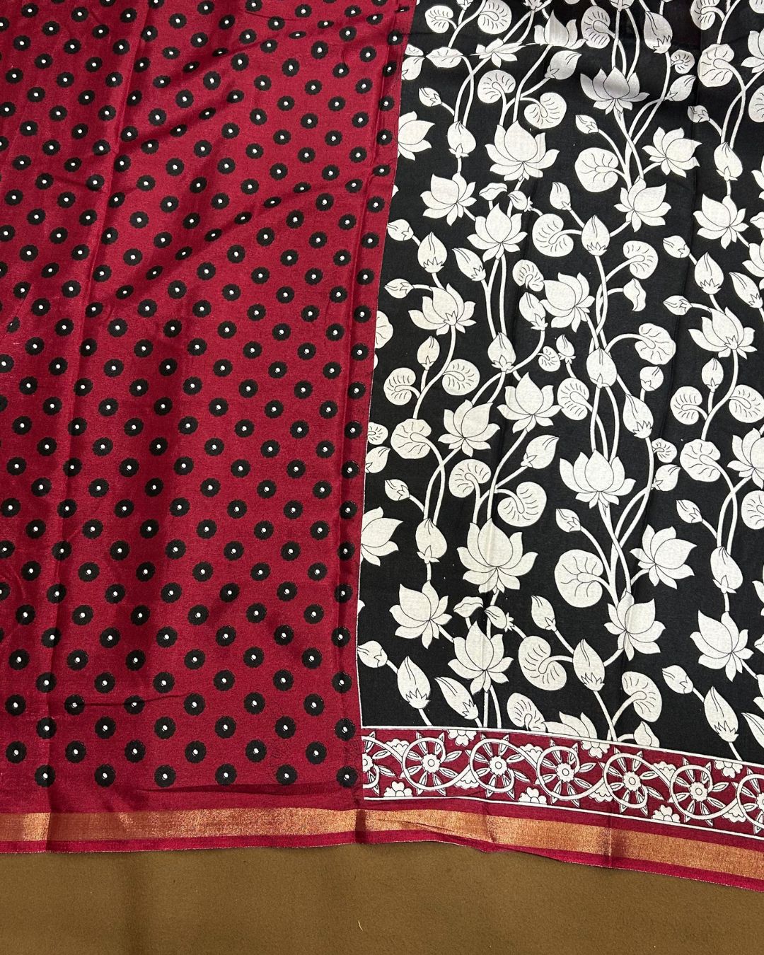 Black Colour Mal Cotton Kalamkari Printed Saree with Contrast Blouse