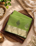 Parrot Green Colour Organza Silk Saree with Golden Zari Border