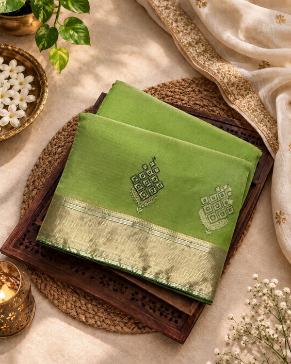 Parrot Green Colour Organza Silk Saree with Golden Zari Border