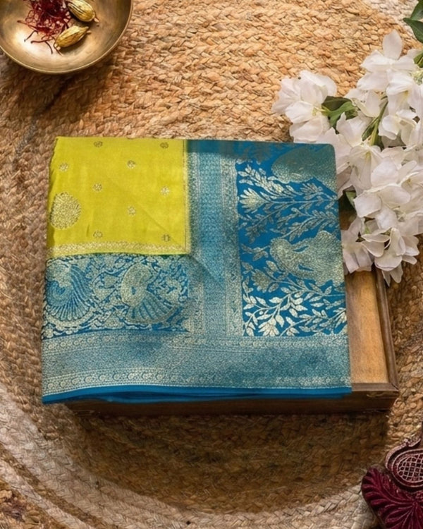 Lime Green Colour Soft Satin Silk Saree with Contrast Blouse Piece