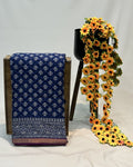 Blue Colour Mal Cotton Indigo Printed Saree with Contrast Border