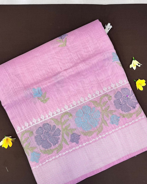 Pink Colour Cotton Floral Embroidery Saree