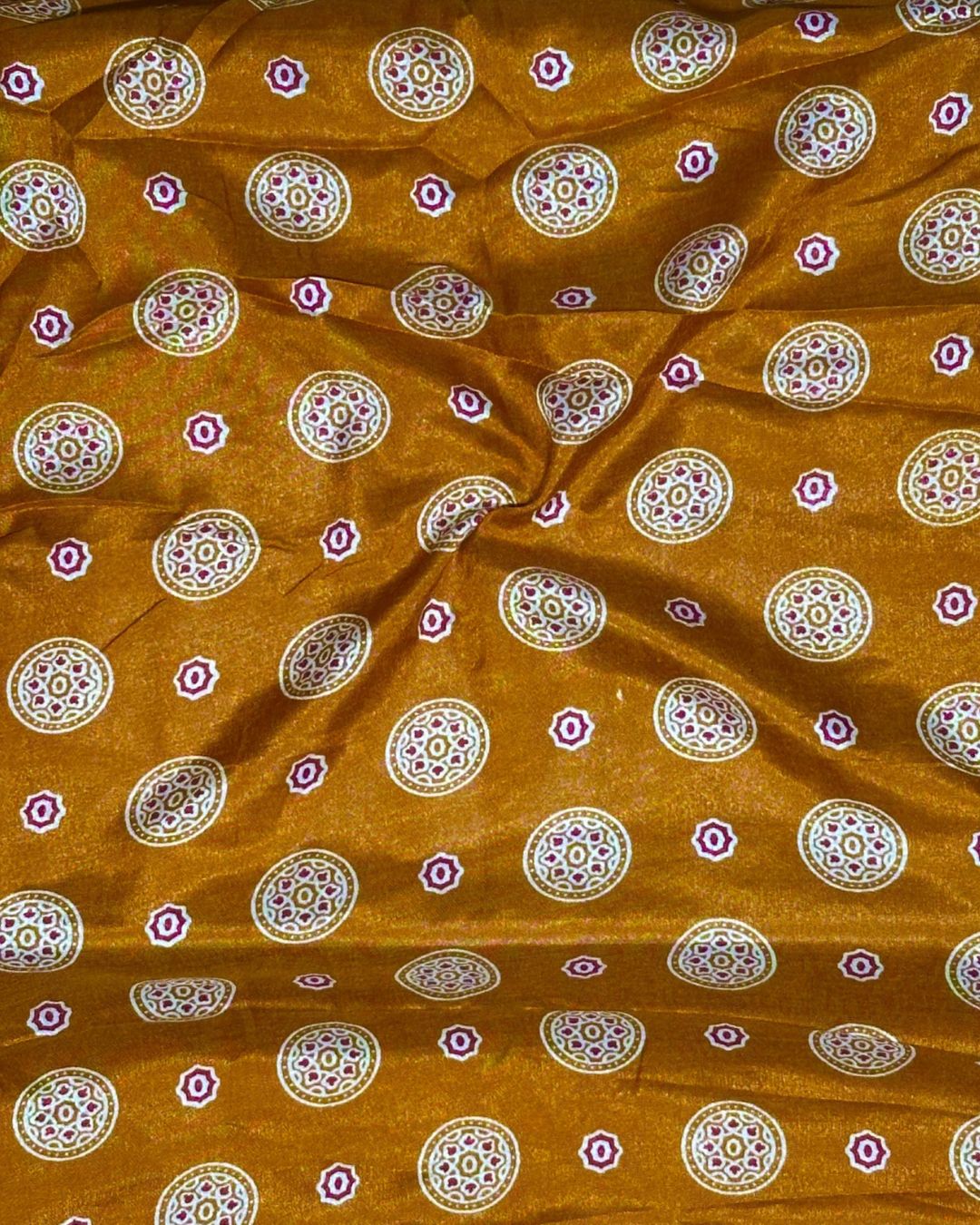 Mustard Yellow Colour Ajrakh Mirror Work Muslin Silk Saree