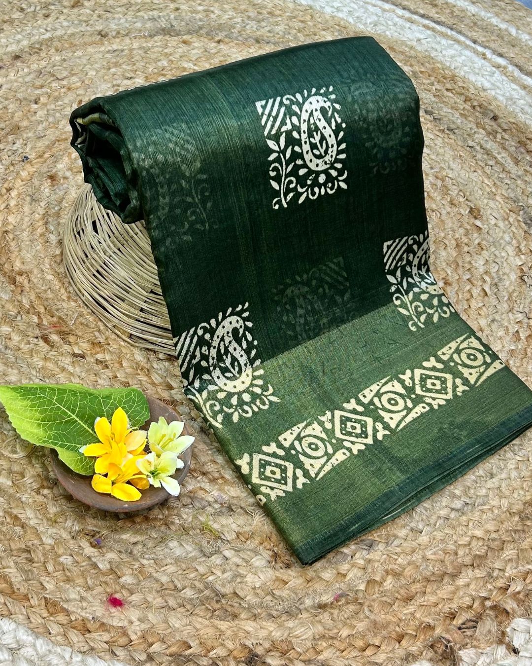 Green Colour Cotton-Blend Paisley Printed Saree
