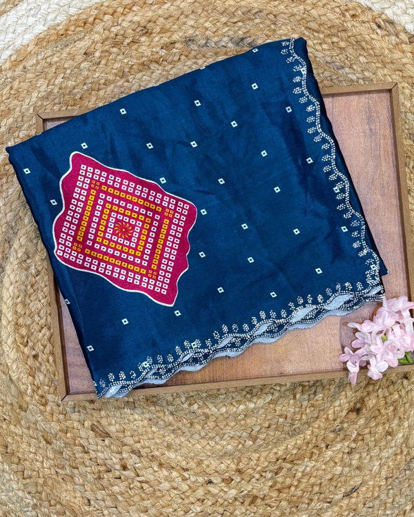 Kerosene Blue Colour Chinon Silk Cut Work Border Saree