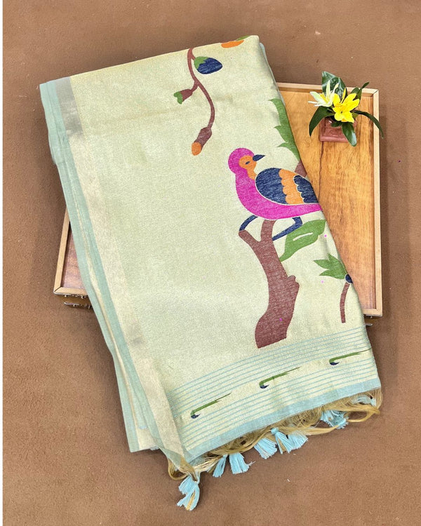 Aqua Blue Colour  Thread work Cotton Saree