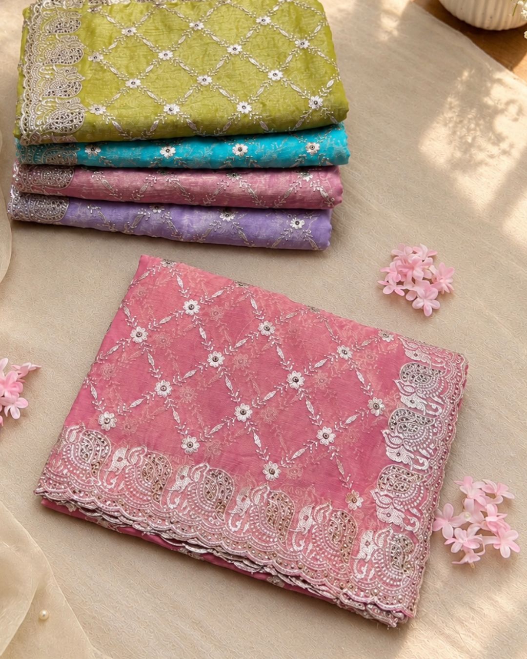 Gajri Pink Colour Shimmer Chiffon Saree with Embroidery Work