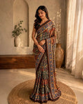 Brown Colour Chinnon Silk Mirror Work Saree