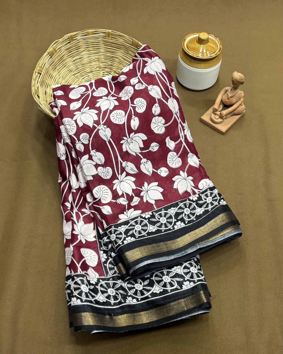 Maroon Colour Mal Cotton Kalamkari Printed Saree with Contrast Blouse