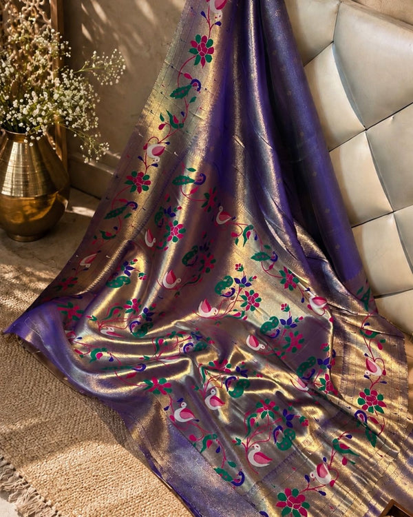 Vibrant Blue Colour Shimmer Bamboo Tissue Silk Saree