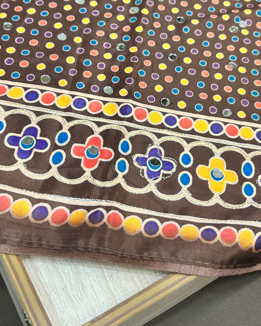 Brown Colour Chinnon Silk Mirror Work Saree