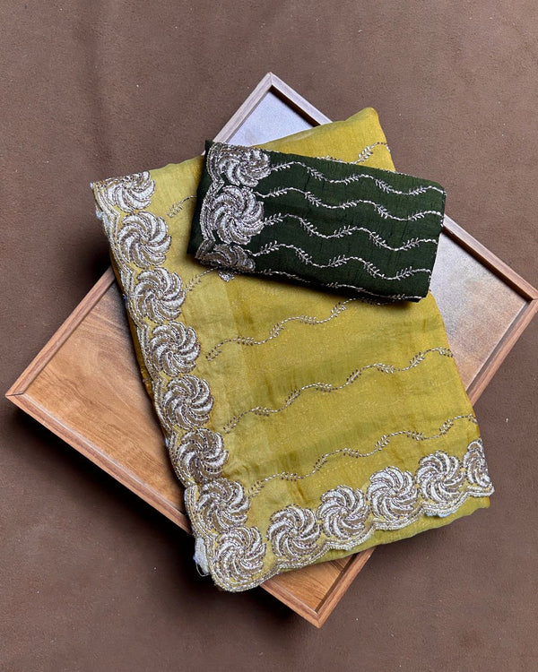 Mustard Yellow Colour Shimmer Georgette Saree with Bead Work
