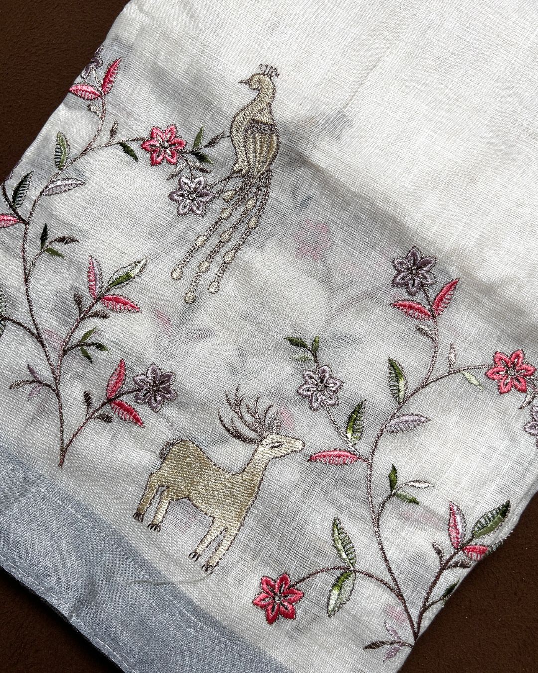 Cream Beige Colour Linen Cotton Thread work Saree