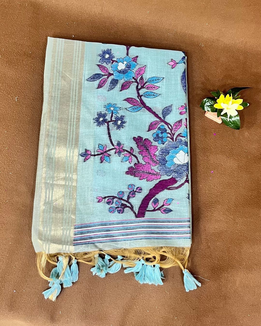 Aqua Blue Colour Lotus Flower Thred work Cotton Saree