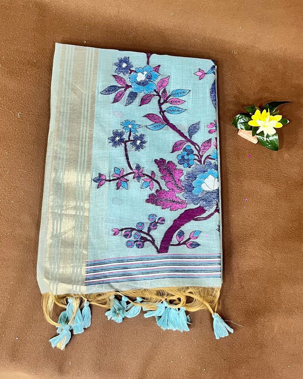 Aqua Blue Colour Lotus Flower Thred work Cotton Saree
