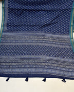 Blue Colour Mal Cotton Indigo Printed Saree with Contrast Border