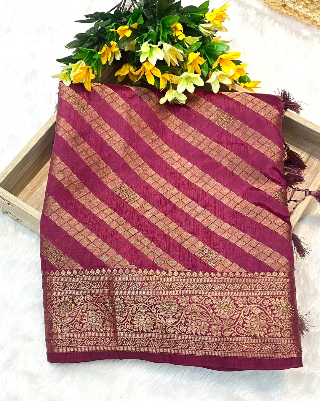 Wine Colour Vichitra Silk Swarovski Work Saree