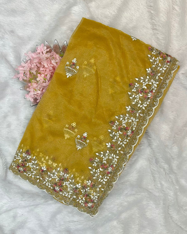 Old Gold Colour Soft Net Cutwork border Saree