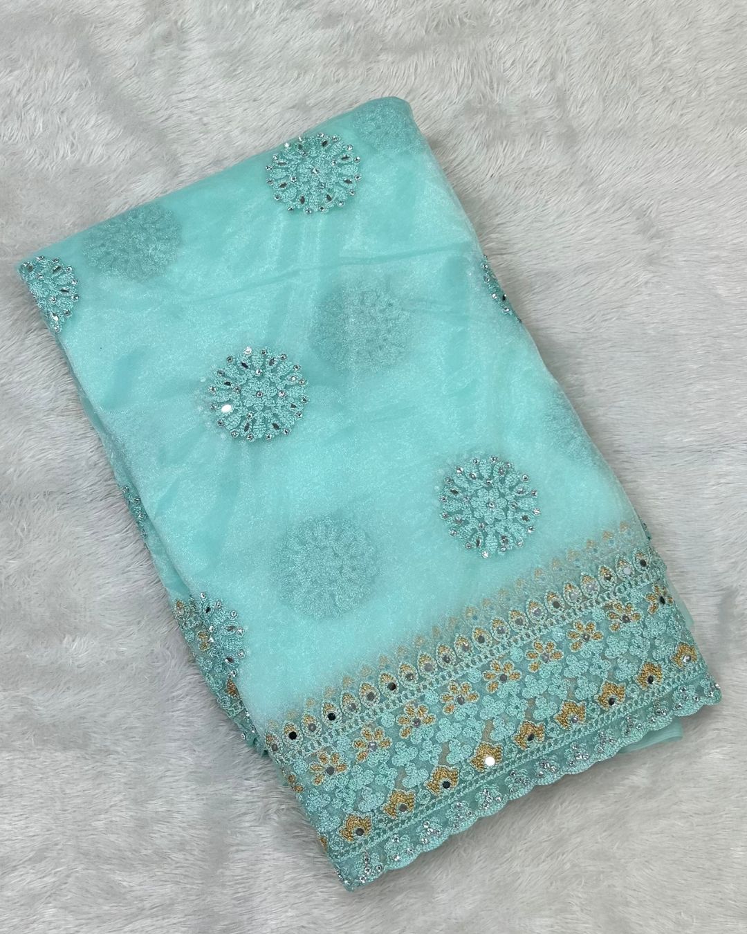 Turquoise Colour Twill Net Mirror Work Saree