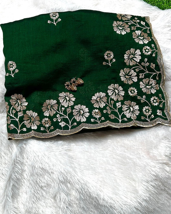 Forest Green Colour Vichitra Silk Cut Wok Border Saree