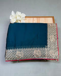 Petrol Blue Colour Art Silk Work Saree with Contrast Blouse