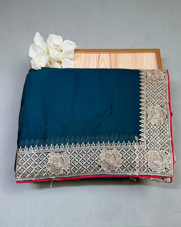Petrol Blue Colour Art Silk Work Saree with Contrast Blouse