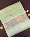 Pastel Green Colour Cotton Floral Embroidery Saree