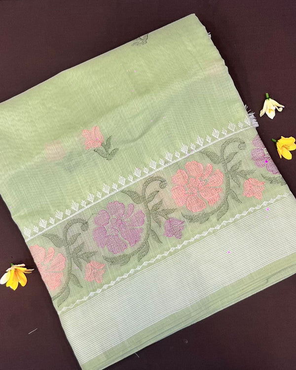 Pastel Green Colour Cotton Floral Embroidery Saree