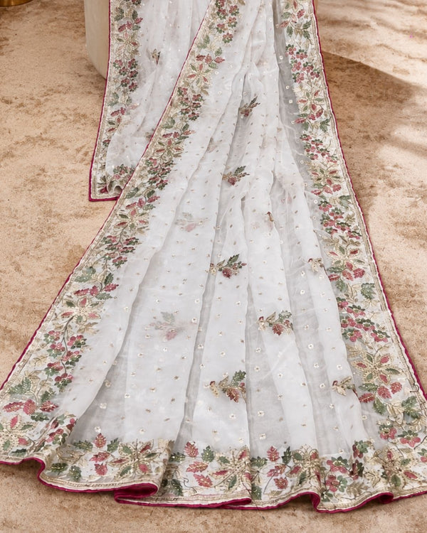 White  Shimmer Georgette Saree with Thread Work