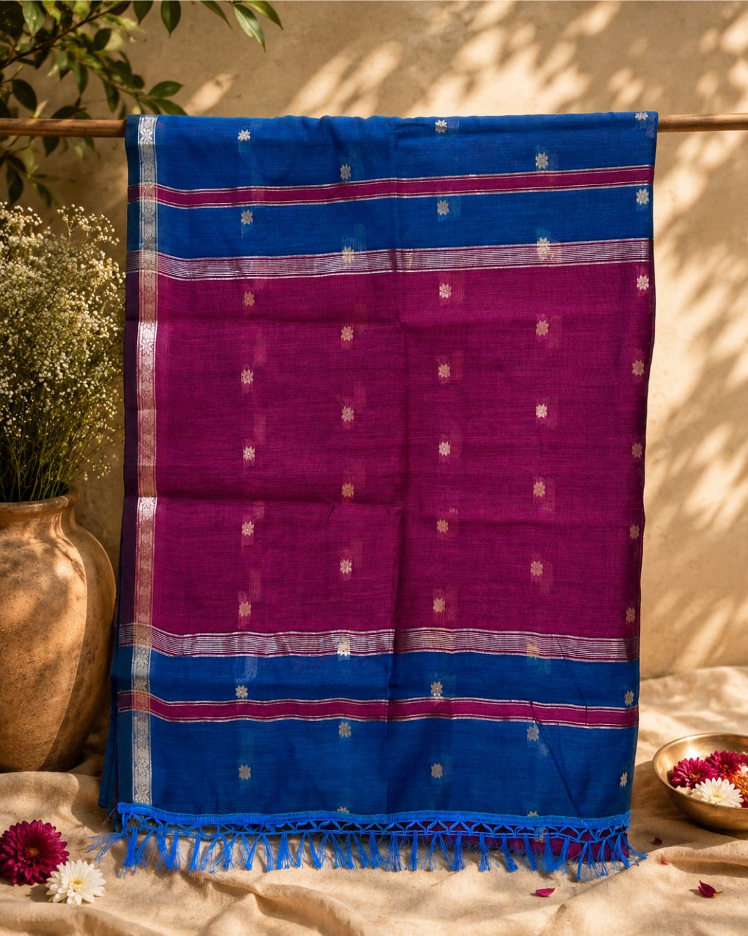 Teal Blue Colour Maheshwari Cotton Saree with Contrast Pallu & Blouse