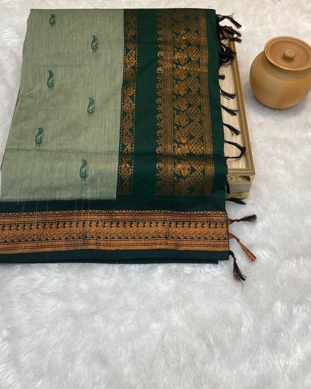 Dusty Green Colour Gadwal Cotton Silk Saree