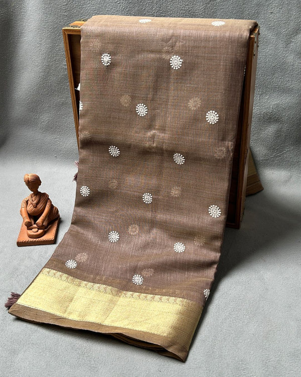 Coffee Brown Saree with Butti Work & Golden Zari Border