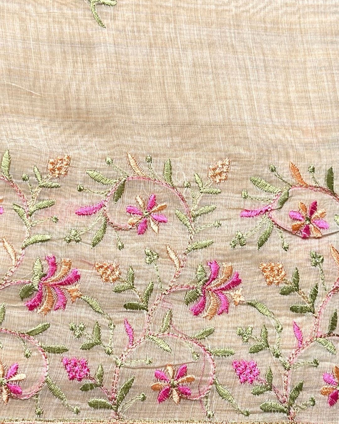 Golden Beige Tissue Cotton Saree with Elegant Pink Floral Thread Embroidery