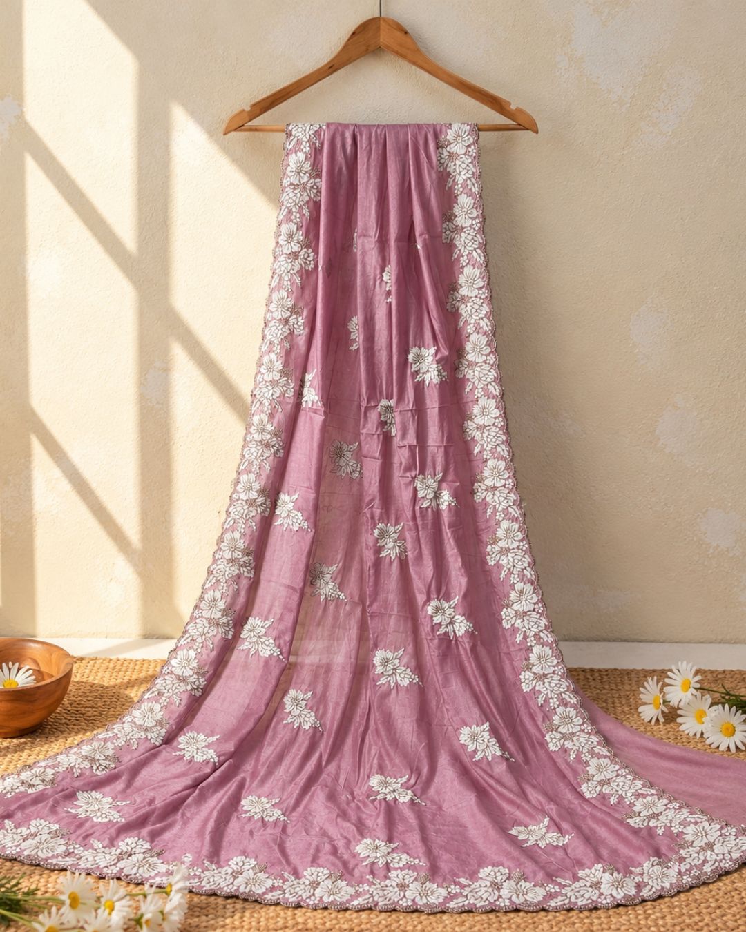 Dusty Pink Colour Shimmer Saree with Heavy Floral Embroidery Border