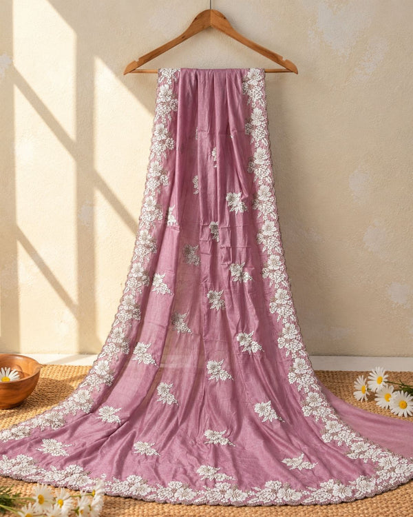 Dusty Pink Colour Shimmer Saree with Heavy Floral Embroidery Border