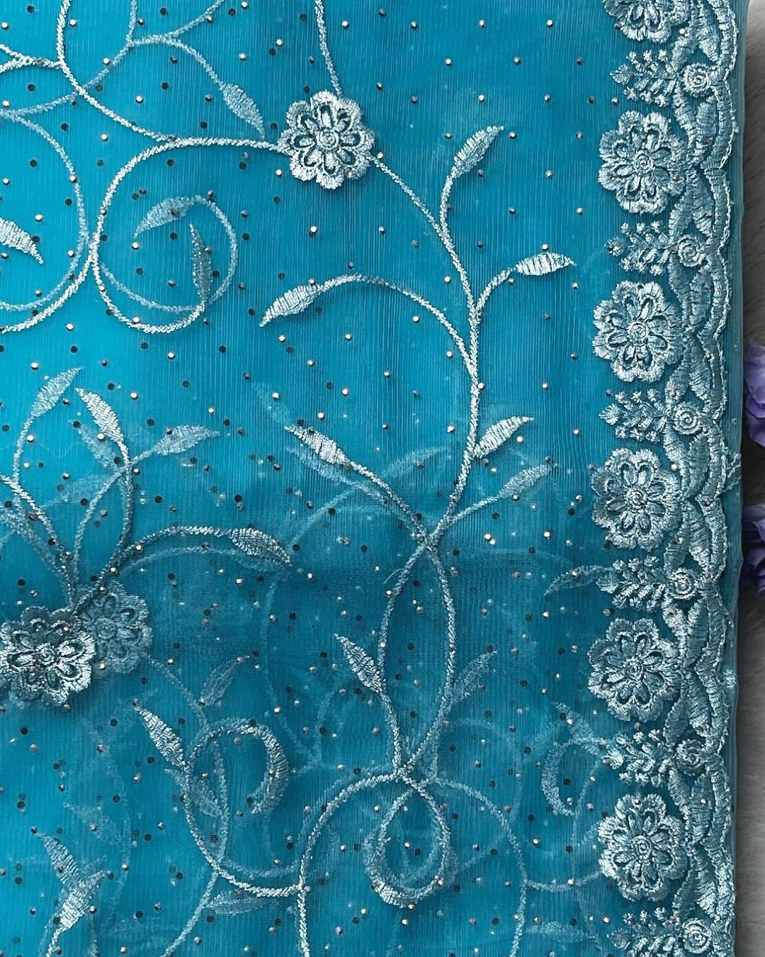 Sky Blue Colour Soft Net Cutwork border Saree