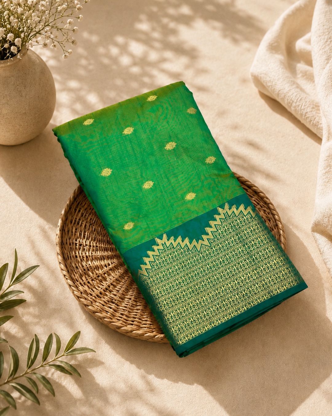 Peacock Green Colour Semi Silk Dual Shine Zari Saree