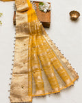 Yellow colour Designer Organza Silk Saree with Bead Tassels & Gungroo
