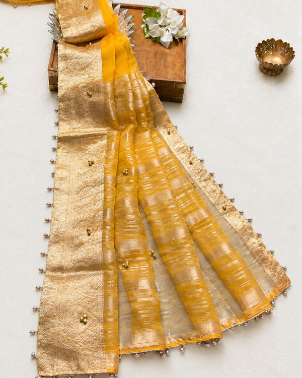 Yellow colour Designer Organza Silk Saree with Bead Tassels & Gungroo
