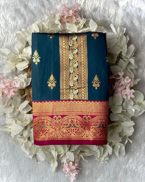 Peacock Blue Colour Semi Silk Contrast Border Zari Saree