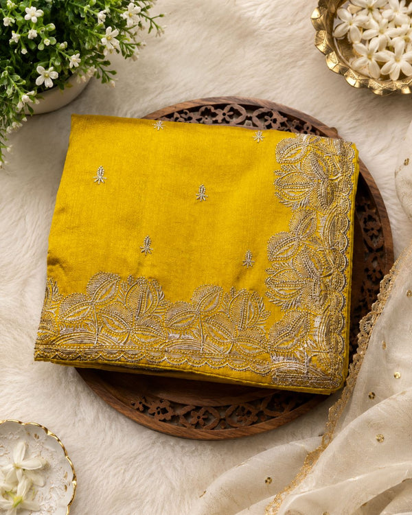 Golden Mustard Yellow Colour Vichitra Silk Thread Wok Border Design Saree
