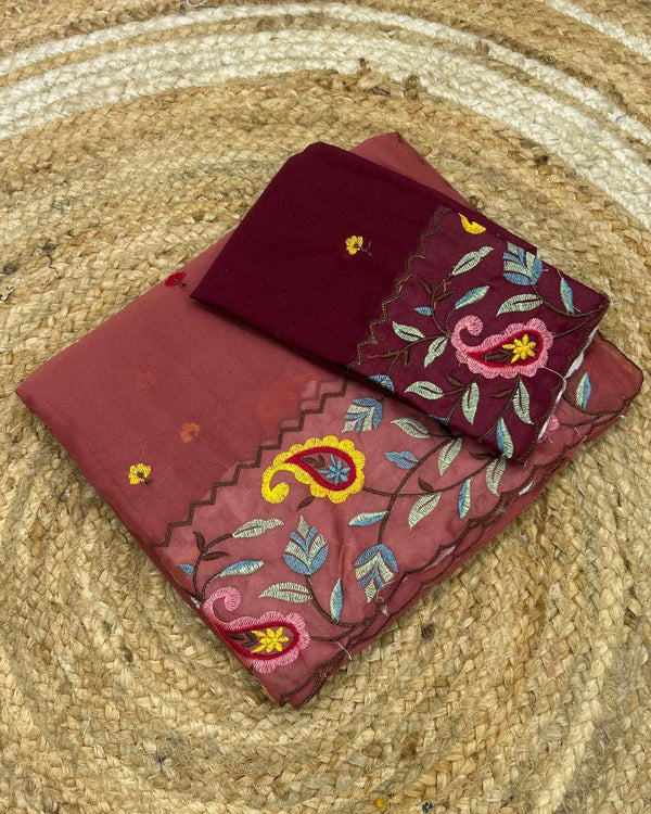 Burgundy Colour Shimmer Georgette Thread Work Saree
